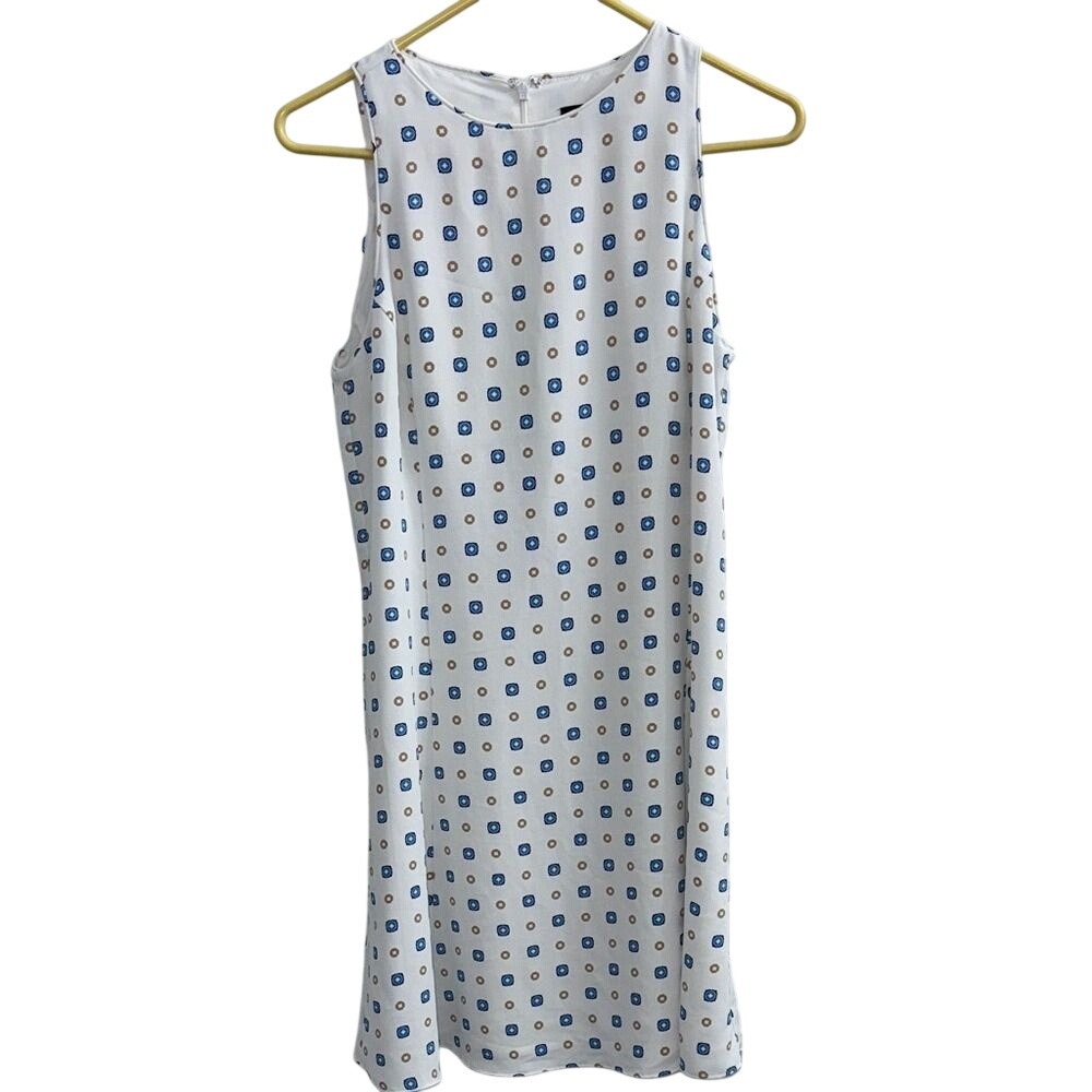 Ann Taylor White Blue Geometric Tile Print Sleeveless Shift Dress with Belt